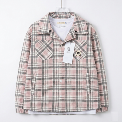 Veste Surchemise à Carreaux Texturés « Pastel Go » – Rose & Gris