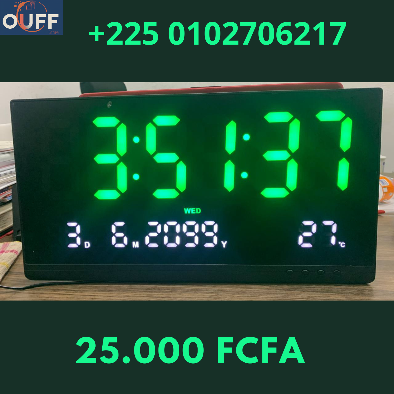 Très Grande Horloge Numérique LED 36 cm Longueur sur 20 cm de hauteur