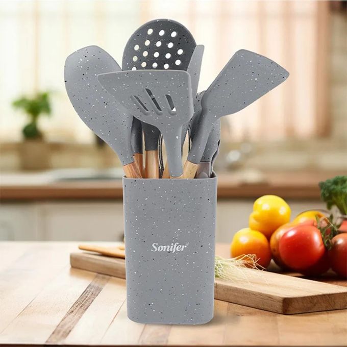 Sonifer Set de Cuisine 12 Pièces SF-1187C - Silicone & Manche Bois - Support Inclus