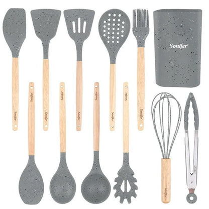 Sonifer Set de Cuisine 12 Pièces SF-1187C - Silicone & Manche Bois - Support Inclus