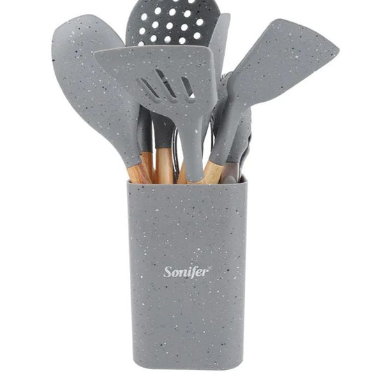 Sonifer Set de Cuisine 12 Pièces SF-1187C - Silicone & Manche Bois - Support Inclus