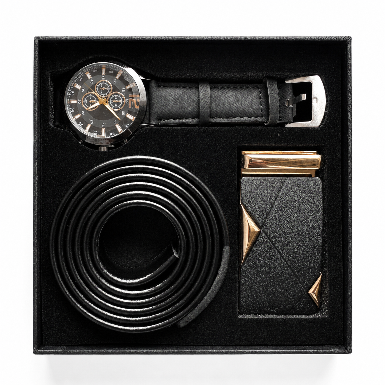 Coffret Homme Noir – Montre, Ceinture & Boucle Coordonnées