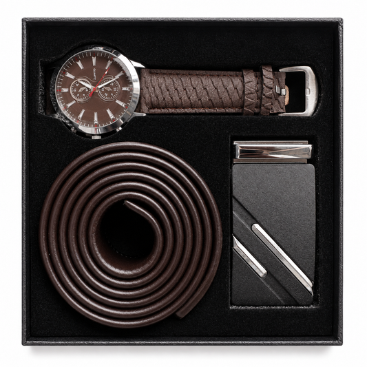 Coffret Homme Marron – Montre, Ceinture & Boucle Harmonieuses