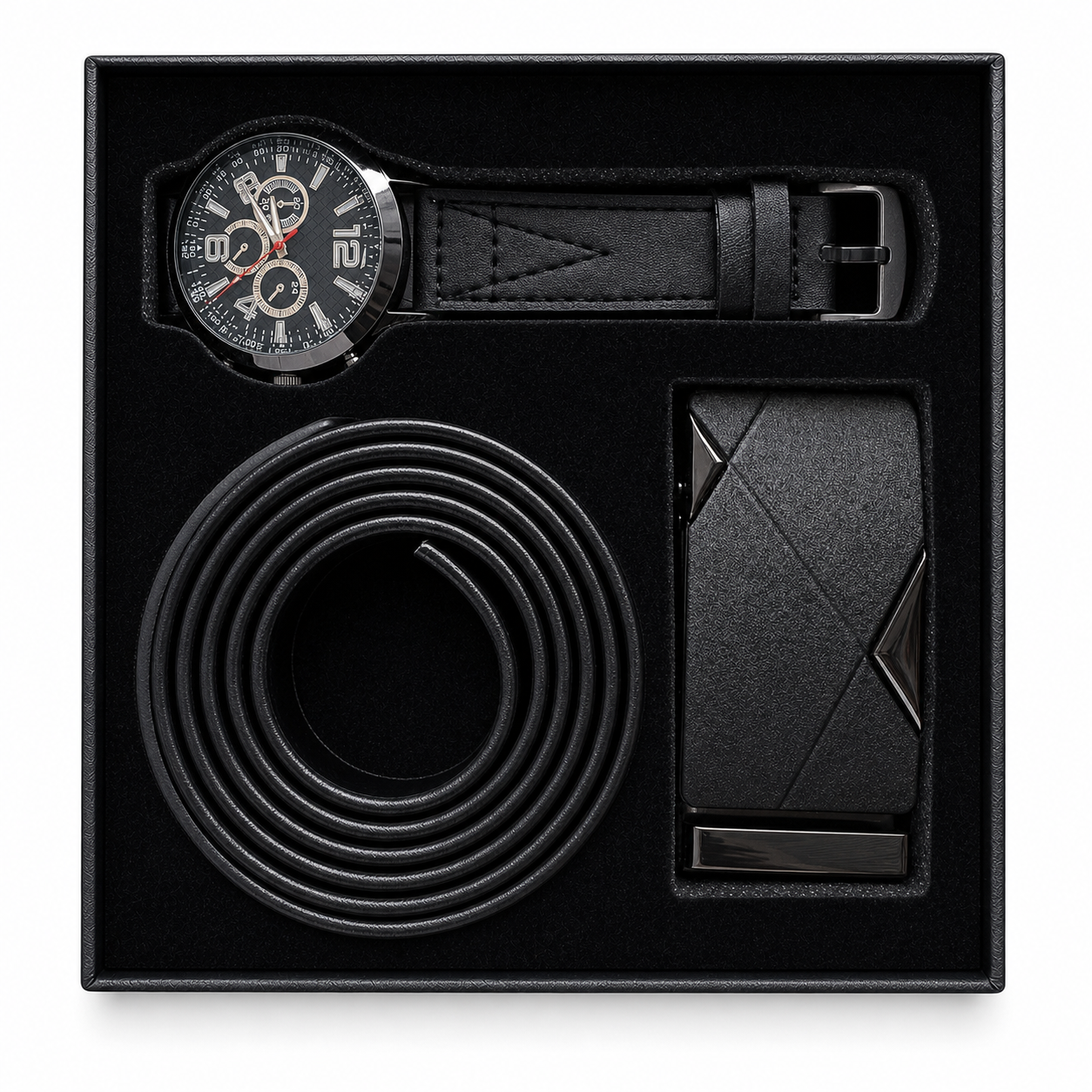 Coffret Homme Noir – Montre, Ceinture & Boucle Coordonnées