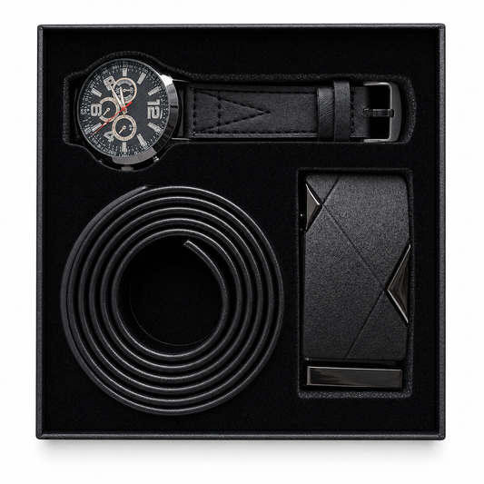 Coffret Homme Noir – Montre, Ceinture & Boucle Coordonnées