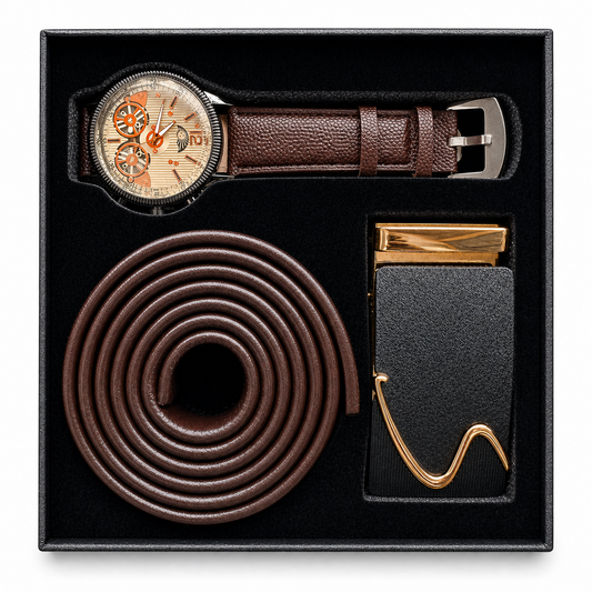 Coffret Homme Marron – Montre, Ceinture & Boucle Harmonieuses