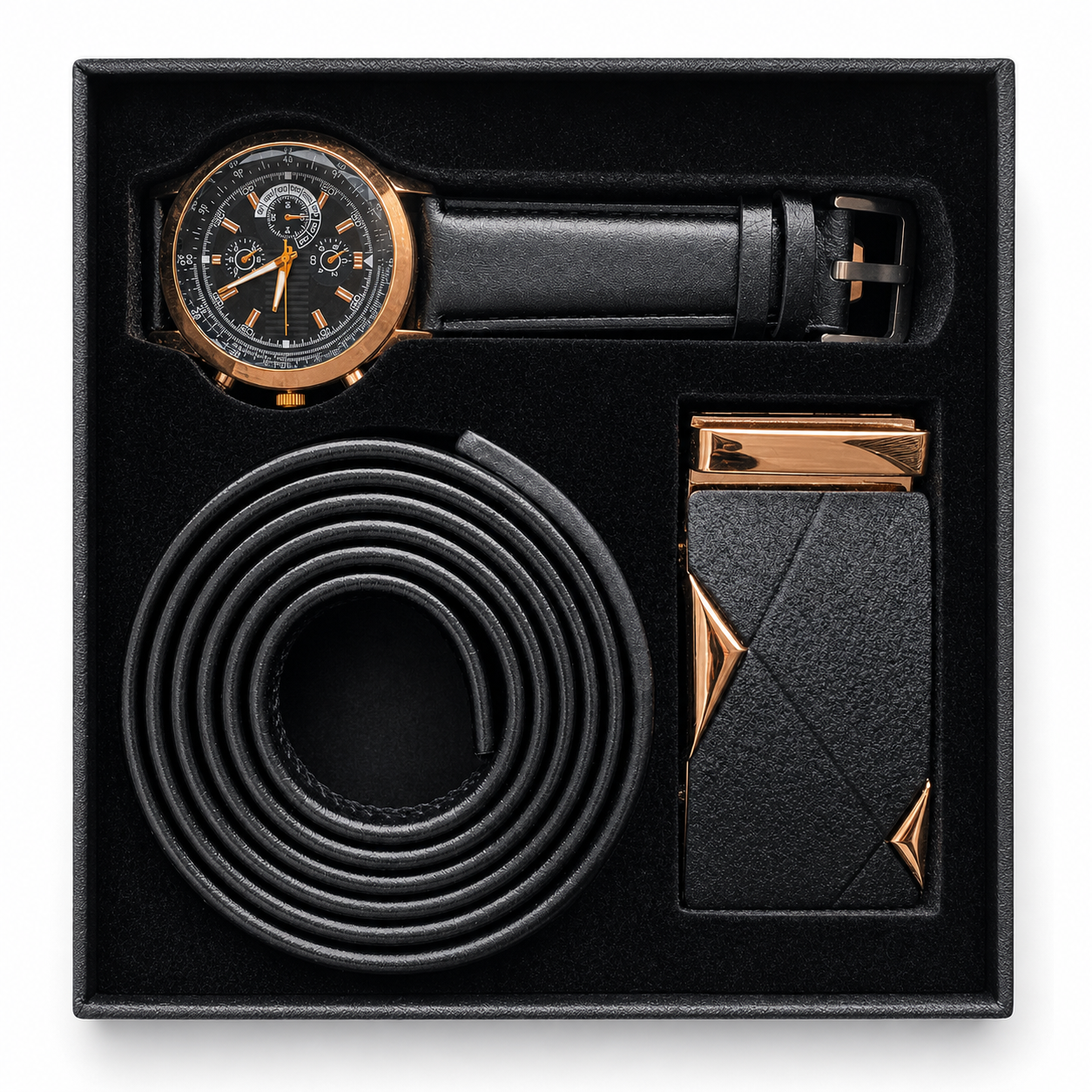 Coffret Homme Noir – Montre, Ceinture & Boucle Coordonnées