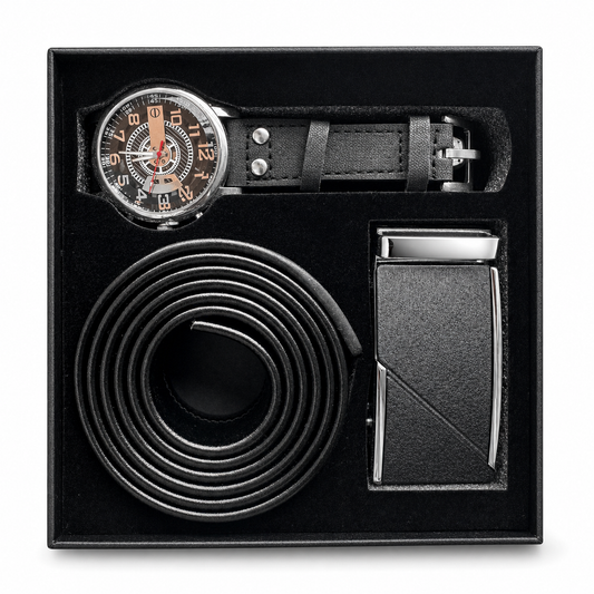 Coffret Homme Noir – Montre, Ceinture & Boucle Coordonnées