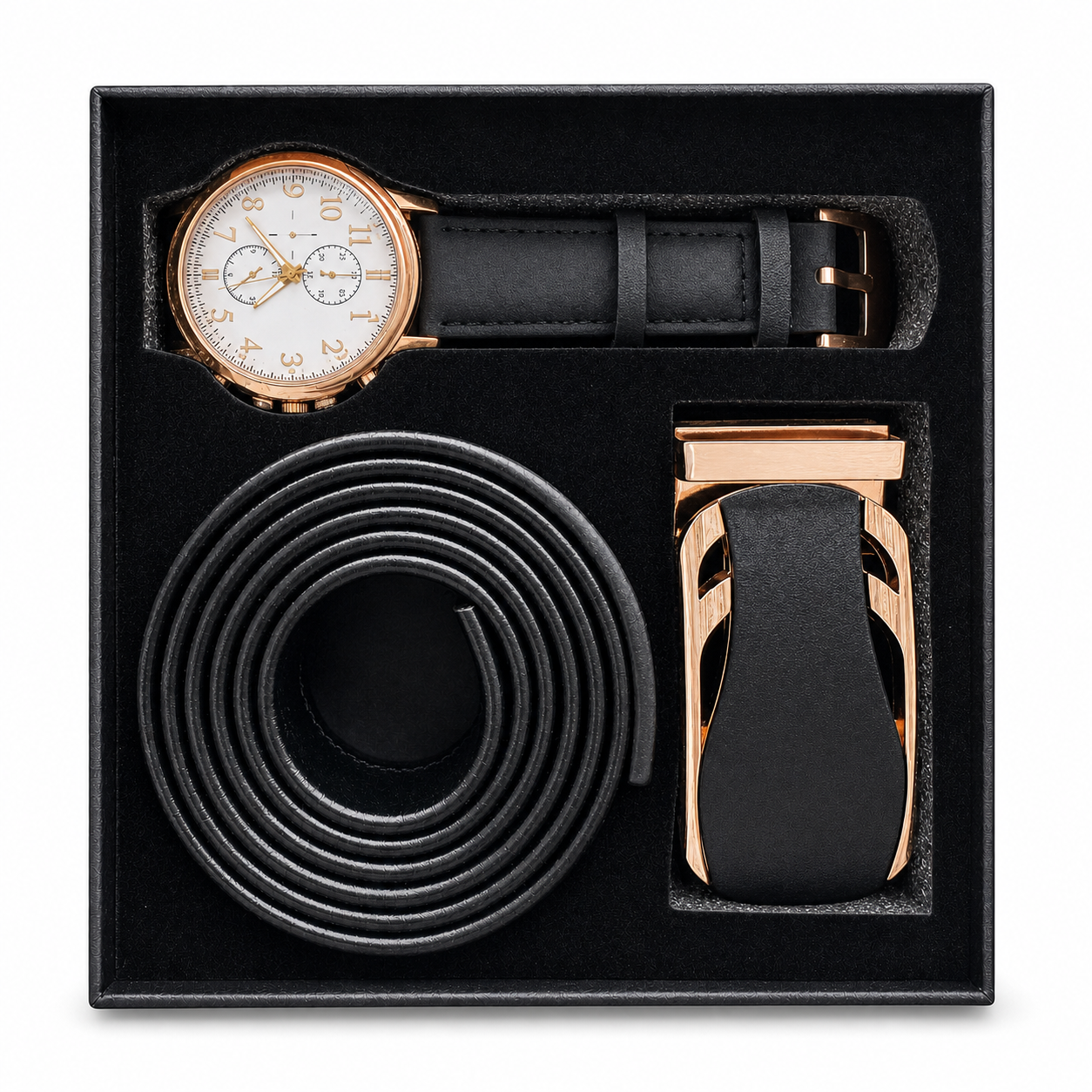 Coffret Homme Noir – Montre, Ceinture & Boucle Coordonnées