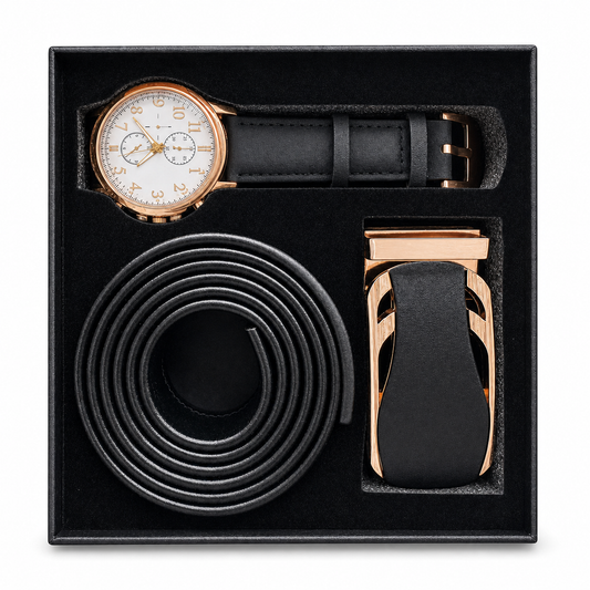 Coffret Homme Noir – Montre, Ceinture & Boucle Coordonnées