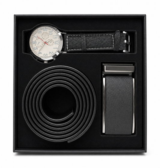 Coffret Homme Noir – Montre, Ceinture & Boucle Coordonnées