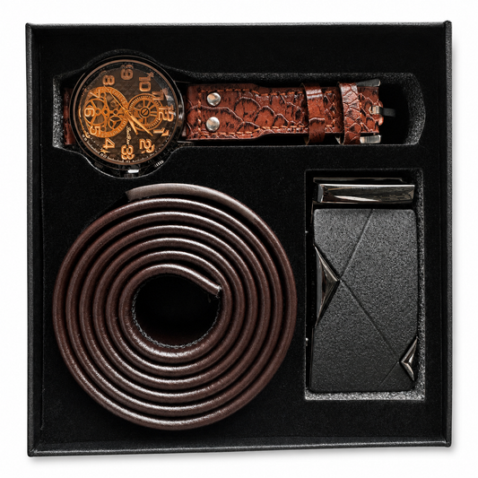 Coffret Homme Marron – Montre, Ceinture & Boucle Harmonieuses